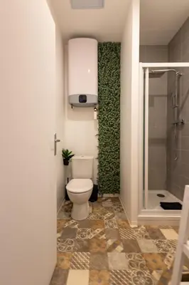 a bathroom with a toilet and a shower at Le Sirocco - Studio Confort Lit Queen Size in Mazamet