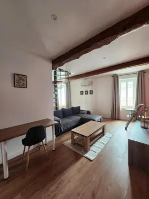 a living room with a couch and a table at T3 Duplex with bike garage close in Castelnaudary