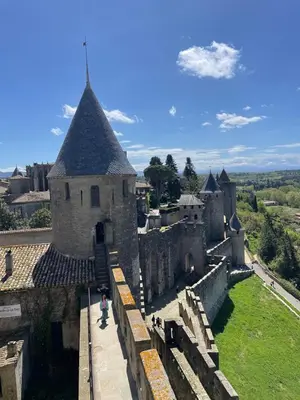 a person standing on the roof of a castle at Proche Carcassone chambre avec salle de bain et WC privée Piscine salon et kitchenette partagés avec voyageurs in Cépie
