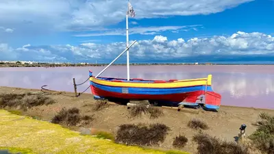 a colorful boat sitting on the shore of a lake at Voilier à quai in Gruissan