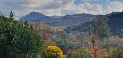 a view of a valley with mountains in the background at Le Gîte Sambacacia in Montazels