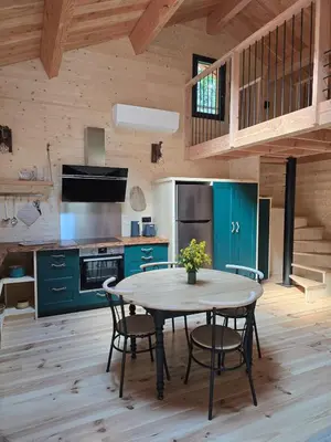 a kitchen with green cabinets and a table with chairs at Chalet Lac de la Raviège la Laurinette SPA in Anglès