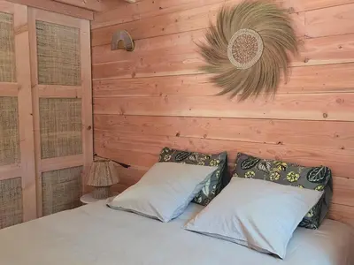 a bed in a room with a wooden wall at Chalet Lac de la Raviège la Laurinette SPA in Anglès