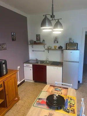 a small kitchen with a table and a refrigerator at Hôtel routard in Caudiès-de-Fenouillèdes