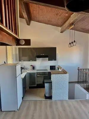 a kitchen with stainless steel appliances and wooden ceilings at Au cœur de l'histoire in Narbonne