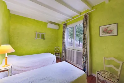a green room with two beds and a window at Le Refuge du Tarn - Grand Jardin in Puylaurens