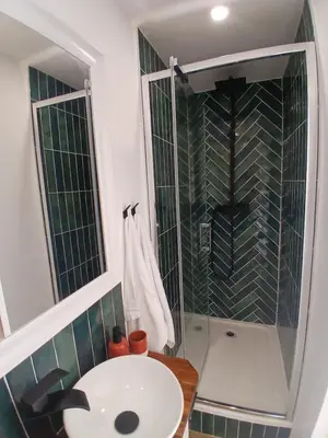 a bathroom with a sink and a shower at Appartement Atypique Corbières in Montséret
