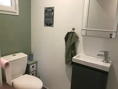 a bathroom with a white toilet and a sink at Maison d'hôtes à Castres-Saïx in Saix