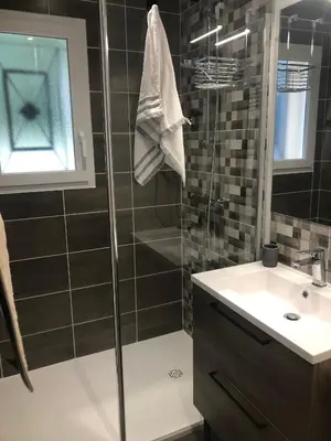 a bathroom with a shower and a sink at Maison d'hôtes à Castres-Saïx in Saix