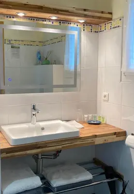 a bathroom with a sink and a mirror at B&B-Les Balcons de Maragon in Carcassonne