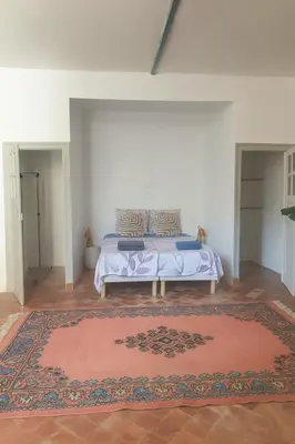 a bedroom with a bed and a rug at Les 2 Petits Lapins in Luc-sur-Orbieu