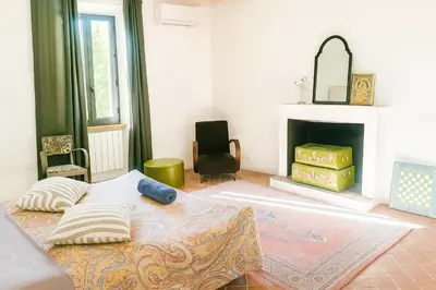 a living room with a bed and a fireplace at Les 2 Petits Lapins in Luc-sur-Orbieu