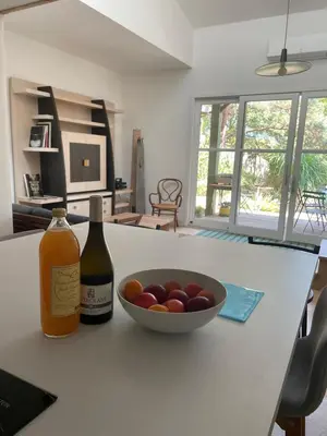 a bowl of fruit and a bottle of wine on a kitchen counter at Gîte de l'atelier in Sorèze in Sorèze