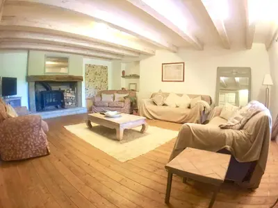 a living room filled with furniture and a fireplace at Maison Tranquil in Bellegarde-du-Razès