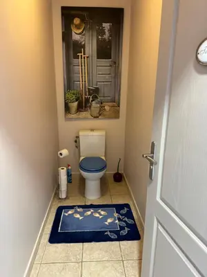 a bathroom with a toilet and a blue rug at Villa Kéona , gîte 5 étoiles avec piscine privée et vue nature in Vingrau