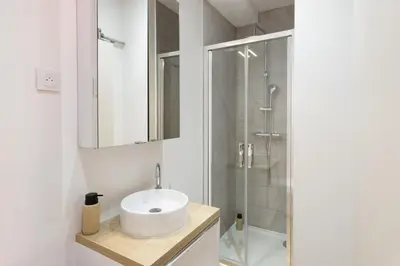 a bathroom with a sink and a shower at Le Petit Capoine 3 - T2 en plein centre de Carcassonne in Carcassonne