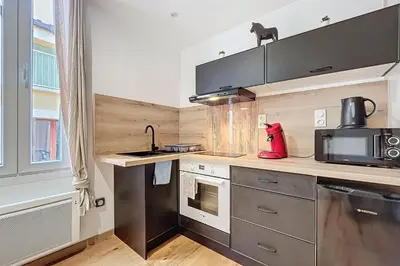 a kitchen with stainless steel appliances and a microwave at Charming studio in the city center of Narbonne in Narbonne