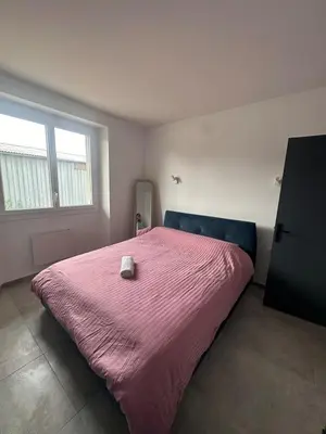 a bedroom with a large bed with a pink bedspread at House with garden near Castres city center in Castres