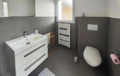 a bathroom with a white sink and a toilet at Awesome Home In Roquebrun in Roquebrun