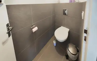 a small bathroom with a toilet and a trash can at Awesome Home In Roquebrun in Roquebrun