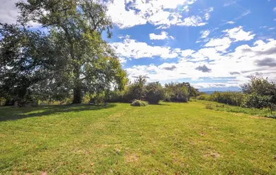 a field of grass with a tree and a cloudy sky at Apaisante Maison Authentique in Sainte-Foi