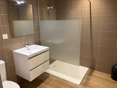 a bathroom with a white sink and a shower at La Parenthèse Carcassonnaise in Carcassonne