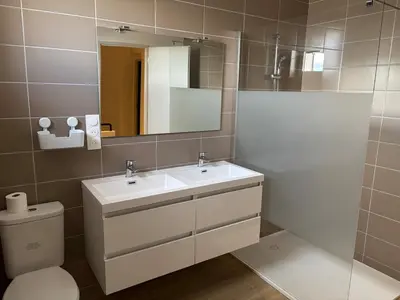 a bathroom with a sink and a toilet and a mirror at La Parenthèse Carcassonnaise in Carcassonne
