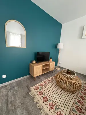 a living room with a blue wall and a mirror at Le Soult l Rénové l Stationnement facile & gratuit in Mazamet