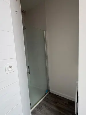 a shower with a glass door in a bathroom at Le Soult l Rénové l Stationnement facile & gratuit in Mazamet