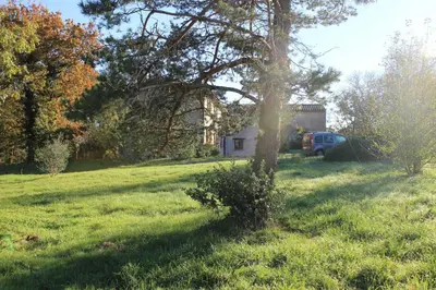 a tree in a field with a house and a car at L'esquirou in Castres