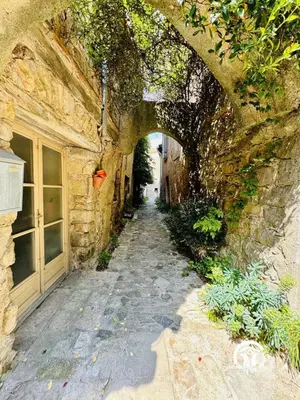 a stone alley with an archway in a building at La marelle in Villerouge-Termenès