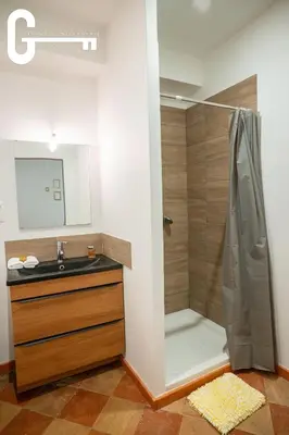 a bathroom with a shower and a sink at Elegant T2 avec terrasse Coeur de Castelnaudary Gare in Castelnaudary