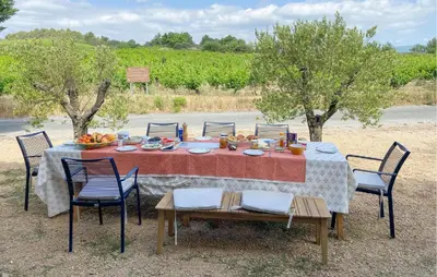 a table with food on it with chairs and trees at Amazing Home In Cazelles, Agel in Agel