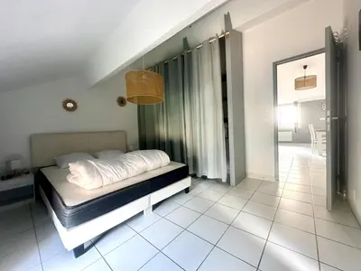 a bedroom with a bed and a mirror at Cosy Appartement 45 m2 en cœur de ville, proche gare in Narbonne