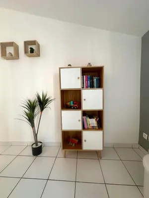 a book shelf in a room with a potted plant at Cosy Appartement 45 m2 en cœur de ville, proche gare in Narbonne