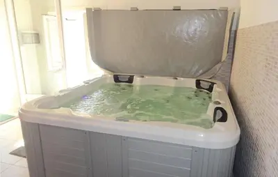 a bath tub filled with green water in a bathroom at Nice Home In Narbonne With Sauna in Narbonne