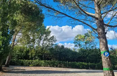 a parking sign on a tree in a park at Aux couleurs de la terre d'oc in Villepinte