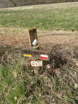 a bird sitting on top of a sign in the grass at Chambres d'hôtes -L'Atelier du Presbytère
