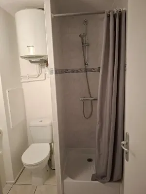 a small bathroom with a toilet and a shower at Appartement T2 entre mer et lac in Port-la-Nouvelle