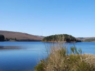 an island in the middle of a large lake at Beautiful 17th century character residence in Fontiers-Cabardès