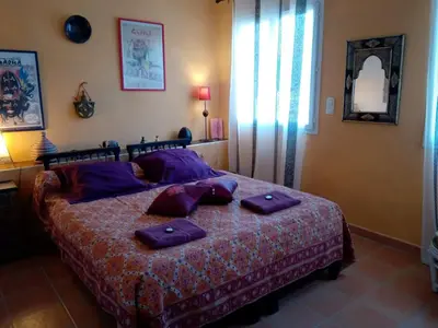 a bedroom with a bed with purple pillows on it at Villa couleurs du sud in Bize-Minervois