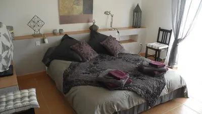 a bedroom with a large bed with purple pillows at Villa couleurs du sud in Bize-Minervois