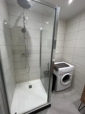 a shower stall in a bathroom with a washing machine at Les berges de la cité in Carcassonne