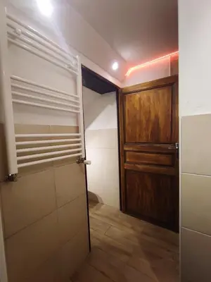 a bathroom with a closet with a wooden door at Chez Christine et Fred in Villedaigne