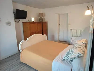 a bedroom with a bed and a tv on a wall at Chez Christine et Fred in Villedaigne
