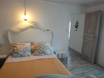 a bedroom with a large bed with a white headboard at Chez Christine et Fred in Villedaigne
