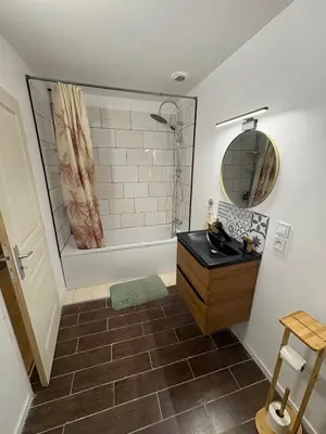 a bathroom with a shower and a sink and a mirror at Comme à la maison in Carcassonne