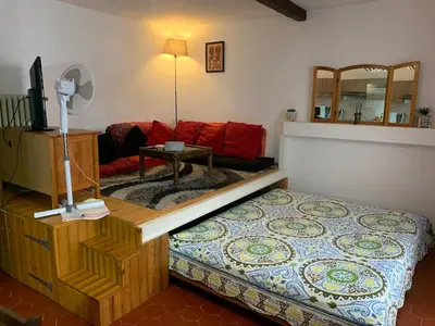 a living room with a bed and a couch at grand studio avec terrasse centre Castelnaudary in Castelnaudary