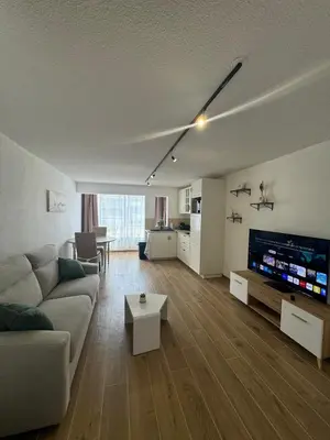a living room with a couch and a flat screen tv at Vacances à Gruissan in Gruissan