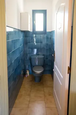 a blue bathroom with a toilet and a window at La Maison de Jack in Raissac-dʼAude